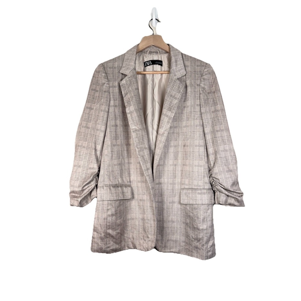 Zara Blazer Women's M Plaid‎ Gray Faux Suede Ruched Sleeve Long Line Open Front